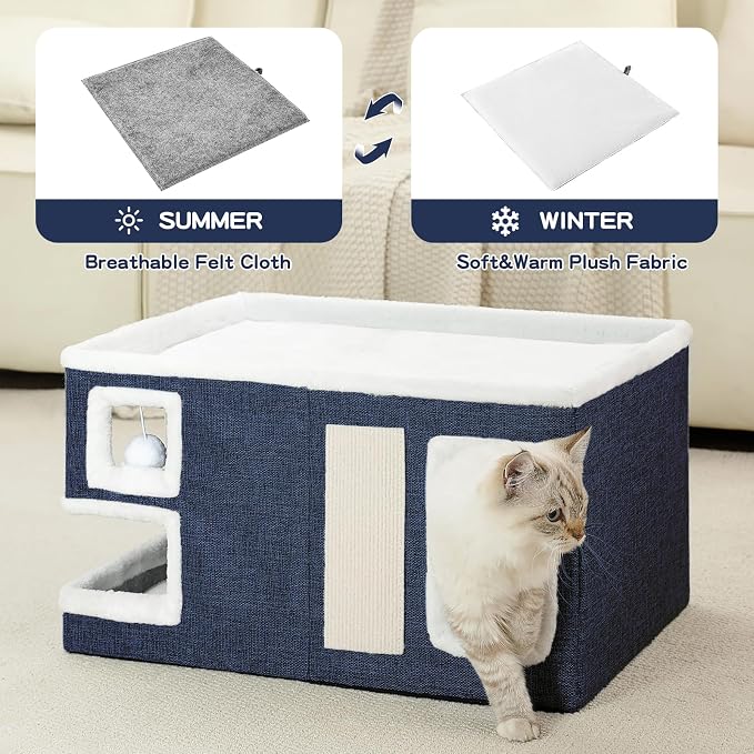 Large Cat Houses for Indoor Cats, Extra Wide Cat Cave Bed with Scratch Pad and Fluffy Ball, Foldable Cat Hideaway Condo for Large Cats, Modern Kitten Bed,23x16x13 inches (Blue, X-Large)