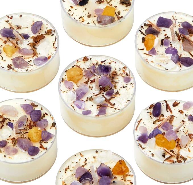 New Moon Beginnings Crown Chakra Candle - Chakra Candles - Dried Flower, Herb, & Crystal Tealights - Aromatherapy - Spicy, Warm, Woody, Sweet - Frankincense, Myrrh, Patchouli