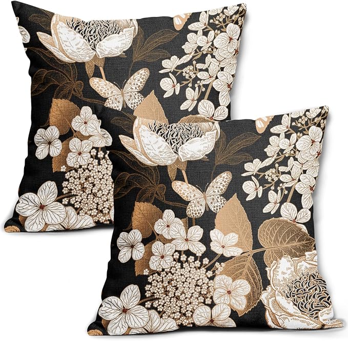 Vintage Floral Pillow Covers 16X16 Inch Set of 2 White Flowers Gold Leaves Botanical Decorative Pillow Cases Rustic Leaf Black Cotton Linen Cushion Case Farmhouse Home Decor for Sofa Couch