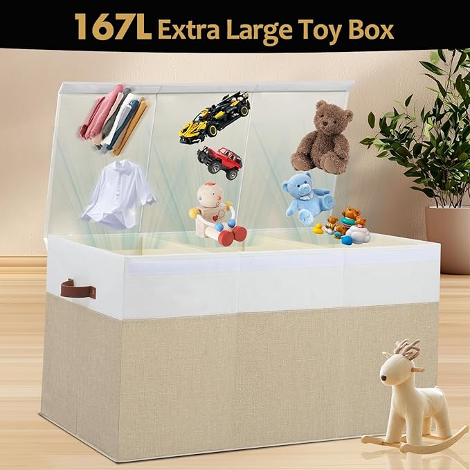 Extra Large Toy Storage Box with Lid,Toy Chest Bin Basket with Dividers | Sturdy Toy Organizer Bin for Kids, Boys, Girls, Nursery, Closet, Bedroom, Playroom 35.5"x17" x17" (Beige and White)
