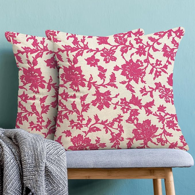 Floral Pillow Covers 18x18 Inch Set of 2 Block Print Hot Pink Flower Throw Pillow Covers Outdoor Decor Boho Vintage Flower Decoration Pillowcase Farmhouse Decorative Cushion Cover For Sofa Couch