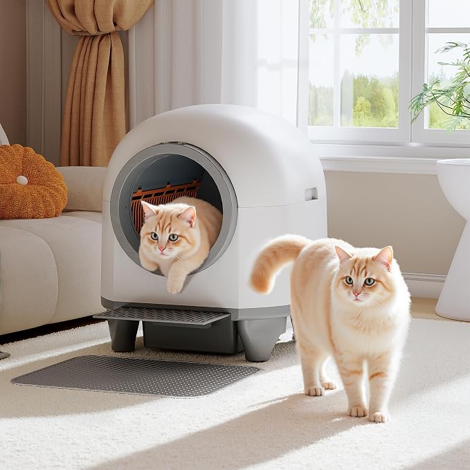 WARCAT Self-Cleaning Litter Box – 90L, APP, Sensors, Gray | 90L large capacity for multiple cats. APP-controlled with smart sensors. Safety protection. Includes mat & 1 garbage bag.