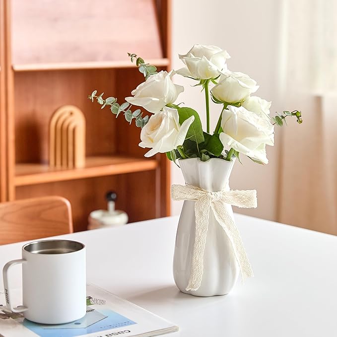 White Ceramic Flower Vase, 8 in Modern Decorative Vases for Home Decor | Minimalism Boho Vases for Centerpieces, Unique Vase for Famhouse Table Bedroom Living Room Office Wedding Farmhouse Decor