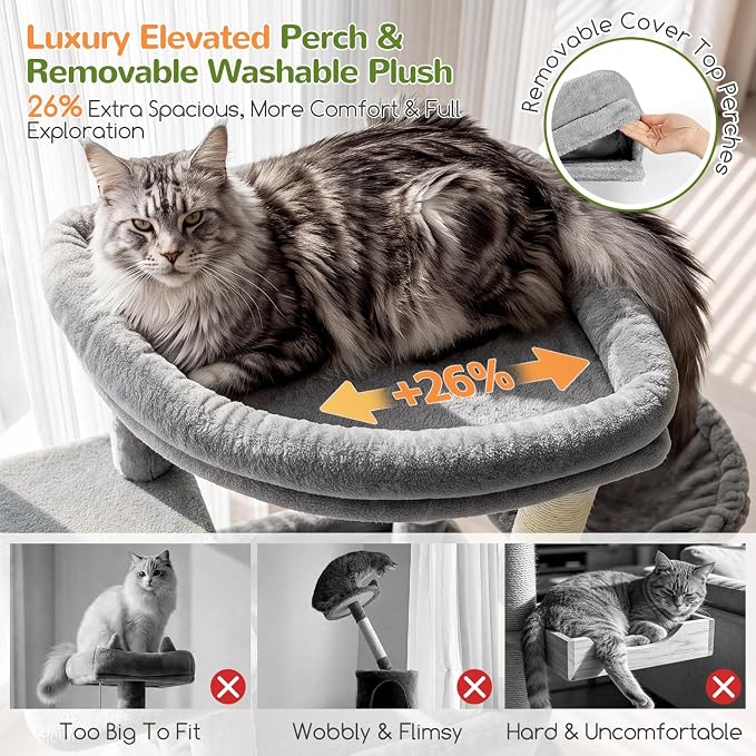 Globlazer Tall Cat Tower for Indoor Adult Cats, 72-inch, S72G, Light Grey | Heavy Duty Cat Tree House for Big Cats with 2 Extra-Large Padded Platform, 7 Sisal Scratching Posts, 3 Large Condos