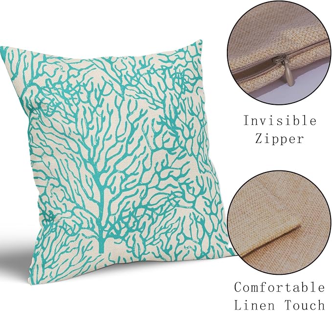 Nautical Coastal Coral Pillow Covers 16x16 Inch Set of 2 Summer Ocean Beach Teal Turquoise Decorative Pillow Cases Outdoor Linen Cushion Cover Farmhouse Decor for Bedroom Home Sofa Couch Bed