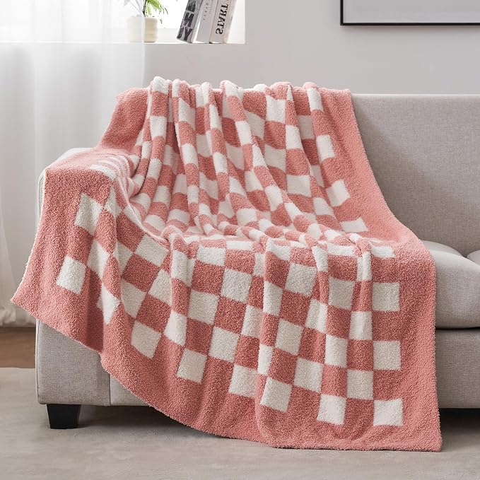Snuggle Sac Checkered Bedding Blanket Twin Size 60x80, Super Soft, Cozy Warm Knit Blankets, Reversible Breathable Lightweight Fluffy Throws for Sofa, Bed, Checkered Pink, 60x80 Inches