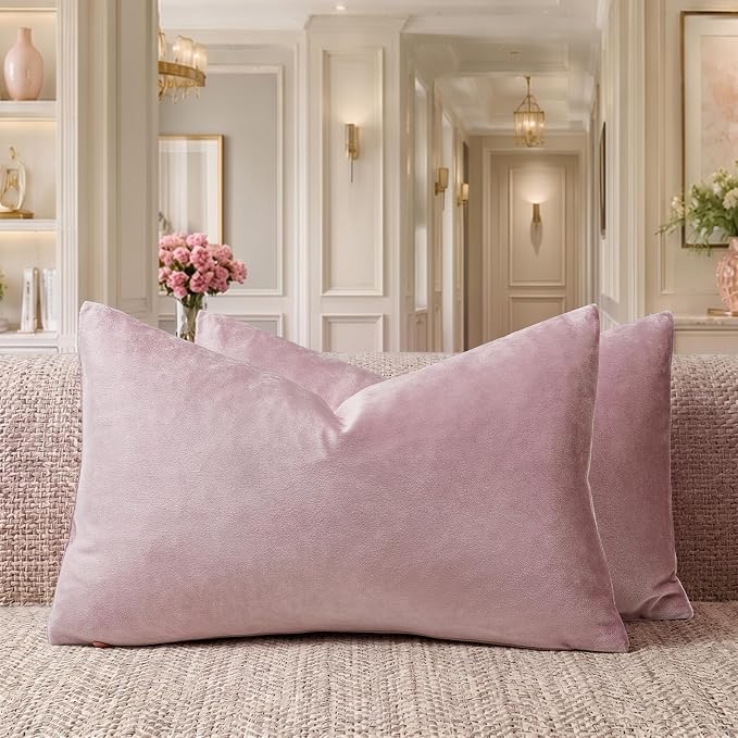 GIGIZAZA Sweet Lilac Velvet Throw Pillow Covers 12x20 Pack of 2 | Decorative Lumbar Pink Pillows for Couch Sofa,280gsm Soft Textured Fabric,Modern Pillowcases,Luxury Cushion Covers