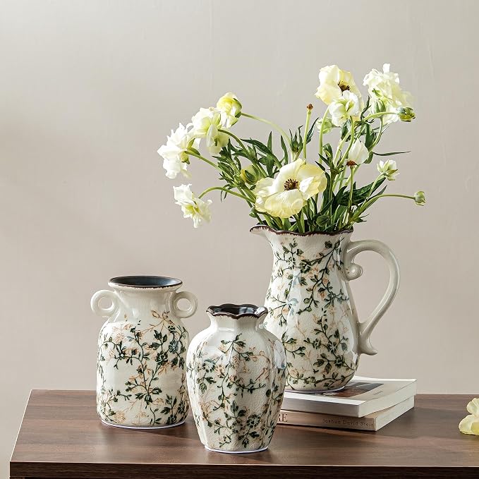 Ceramic Flower Vase Set for Home Decor, Vintage Green Vase (6+6+7 Inch) | Rustic Farmhouse Floral Vase for Kitchen, Bookshelf, Living Room, Coffee Table, Mantel, Entryway, Wedding Centerpiece