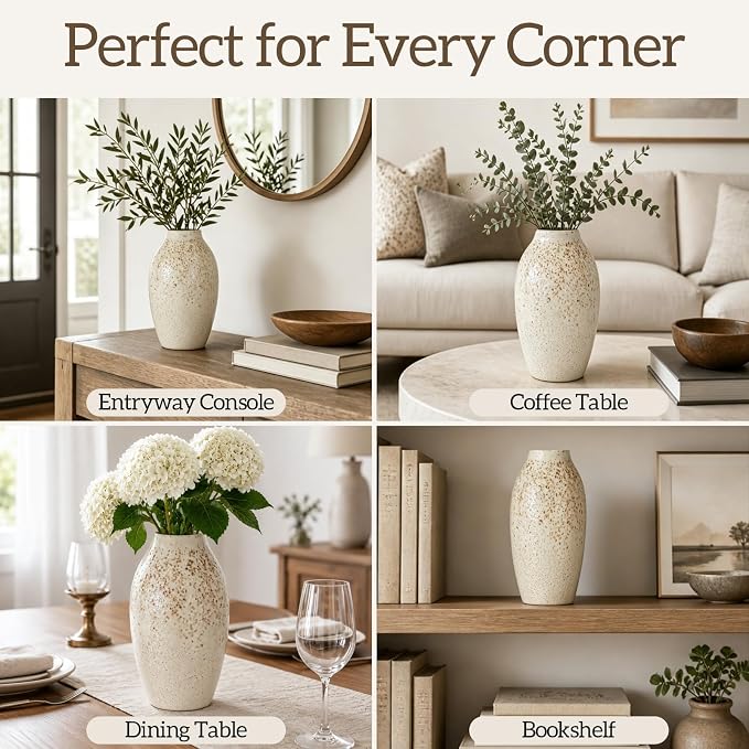 Cream Ceramic Flower Vase Speckled Bubble Glaze Home Decor | 7.08 Inch Rustic Table Vase, Decorative Ornament for Living Room,Office,Wedding,Birthday