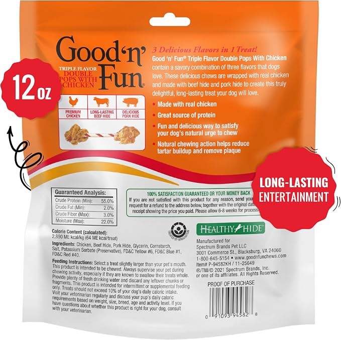 GOOD 'N' FUN Double Pops Long-Lasting Dog Treat with Real Protein, 12 oz | Premium Pork and Beef Hide Chew Wrapped with Real Chicken, Supports Dental Health and Mental Stimulation, For Adult Dogs