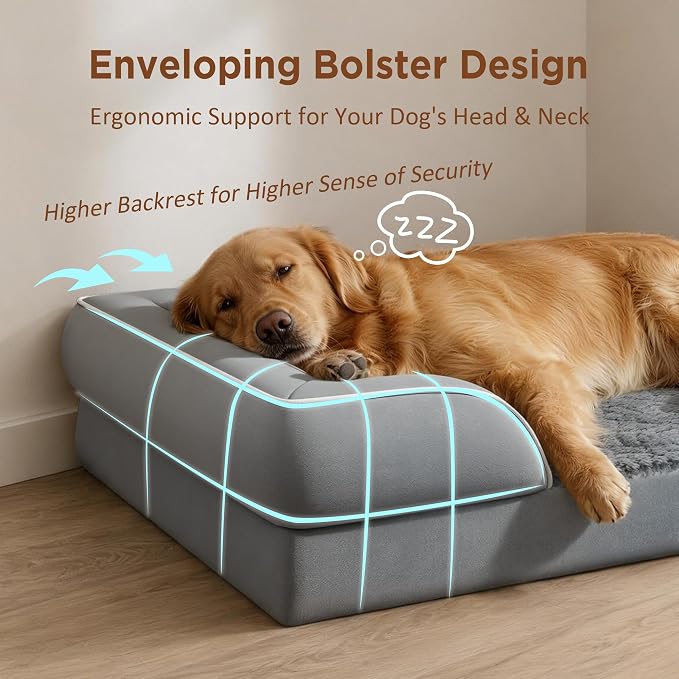 Comfort Expression Waterproof Orthopedic Dog Beds for Large Sized Dog | Supportive Egg Crate Foam Large Pet Bed with Removable Bolster, Dog Couch with Washable Cover & Non-Slip Bottom, 35x22 Inch