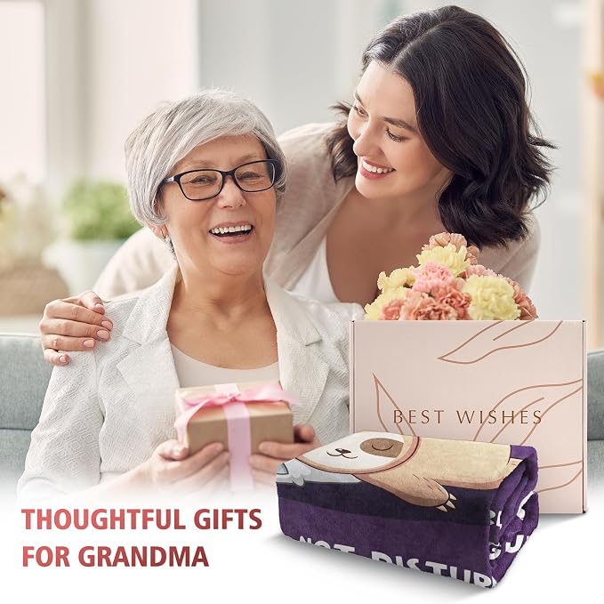 Leebbsin Funny Gifts for Grandma, Grandma Birthday Gift from Grandkids | Grandma is Charging Sloth Blanket 60" x 50", Purple, Grandmas Gift for Christmas Mothers Day, Soft Sloth Blanket for Grandma