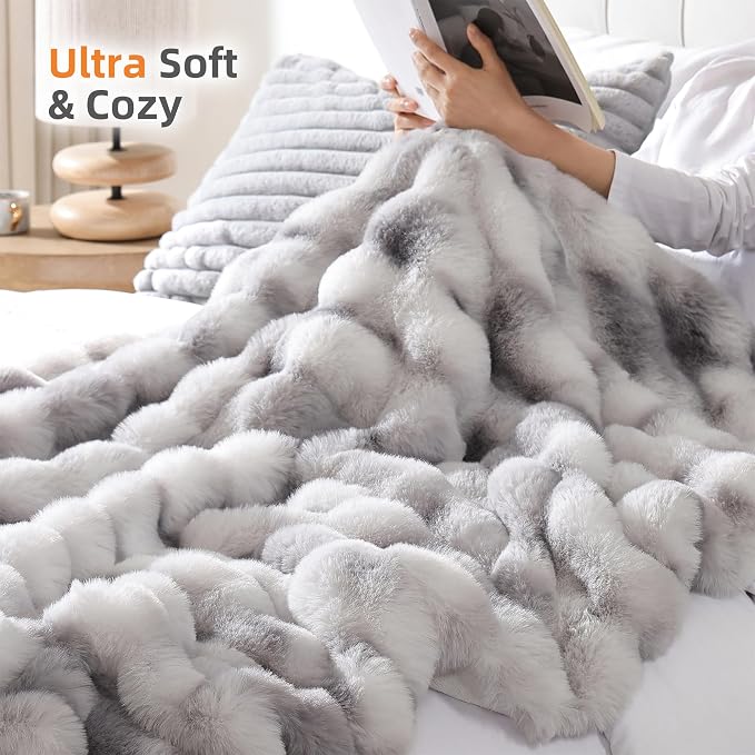 Faux Fur Throw for Couch - Tie-dye Grey Bubble Blanket 50"x60" | Fluffy Plush Fuzzy Throw for Sofa & Bed, Super Soft Cozy Comfrt Blanket, Luxury Aesthetic Grey Decor Gift for Women