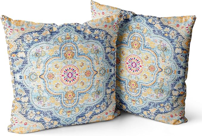 Snycler Boho Throw Pillow Covers 18x18 inch Set of 2 Burnt Blue Yellow Terracotta Rust Colored Throw Pillows Boho Home Decor for Bedroom Living Room Couch & Sofa (No Inserts)