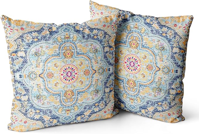 Snycler Boho Throw Pillow Covers 16x16 inch Set of 2 Burnt Blue Yellow Terracotta Rust Colored Throw Pillows Boho Home Decor for Bedroom Living Room Couch & Sofa (No Inserts)