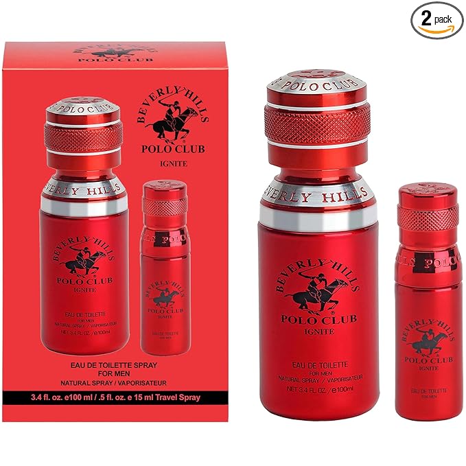 Beverly Hills Polo Club Ignite Men's Cologne Bonus Pack - Designer Eau De Toilette Spray Set 3.4oz & Travel 0.5oz - Long-Lasting, Alluring, Signature Fragrance for the Modern Man