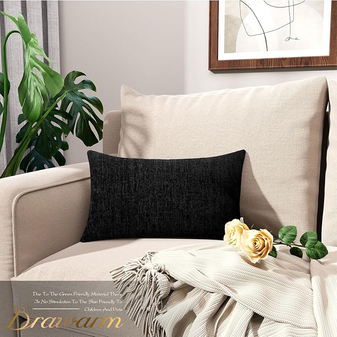 BRAWARM Throw Pillow Covers 12x20 Inches - Black Chenille Lumbar Pillow Covers Pack of 2, Solid Dyed Soft Chenille Pillow Cases for Couch Sofa Bed Home Decoration