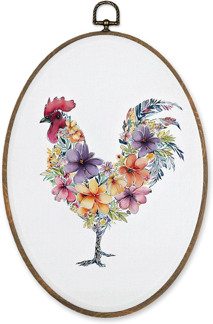 LKETW Floral Chicken Oval Wall Art Decor, Rustic Cottagecore Flower Chicken Oval Canvas Hanging Decor, Farmhouse Farm Animal Wall Decorations for Kitchen Home Bedroom Living Room, 8.6x11.4 Inch