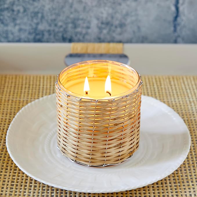 Lake Side Scented Candle – Luxury 12oz Soy Wax, 2-Wick Handwoven Glass Jar, Sparkling with Amber, Aquatic accords, Citrus and Coconut– Santal Candle, 75+ Hour Clean Burn, USA Made