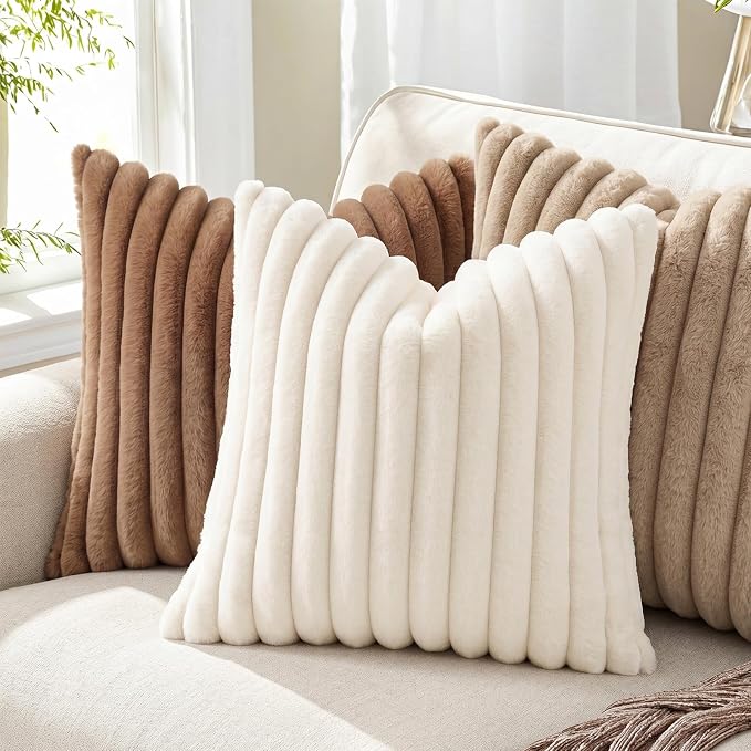 Pallene Faux Fur Decorative Throw Pillow Covers 22x22 Set of 2, Cream White | Luxury Plush Texture, Striped Design, Cozy Soft Touch, Modern Home Accent Decor for Couch, Sofa, Bed, Living Room