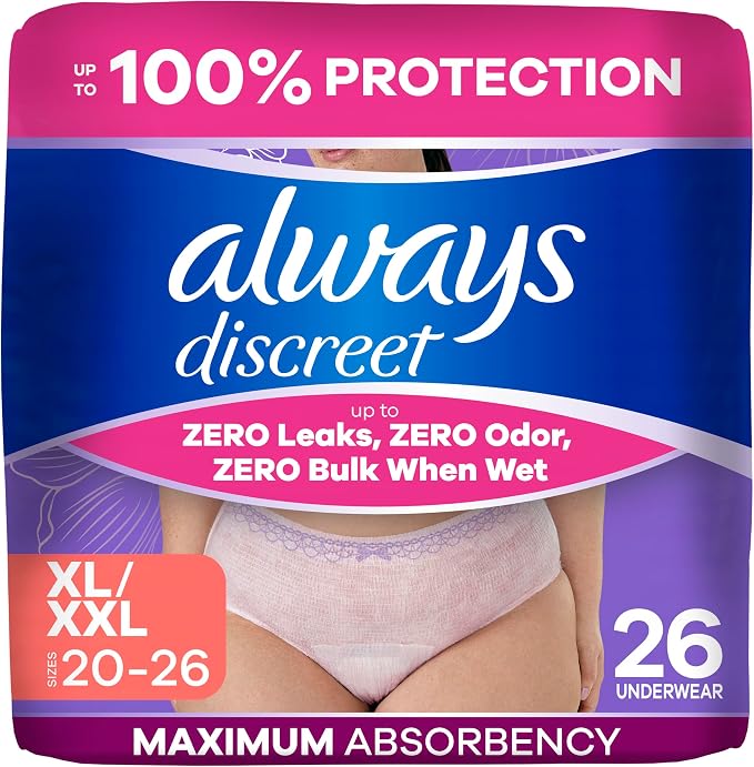 Always Discreet Adult Diapers for Women, Incontinence Underwear, Postpartum Essentials, Disposable Briefs, Max Absorbency, Bladder Leak Protection, Extra Large/XL, 26ct