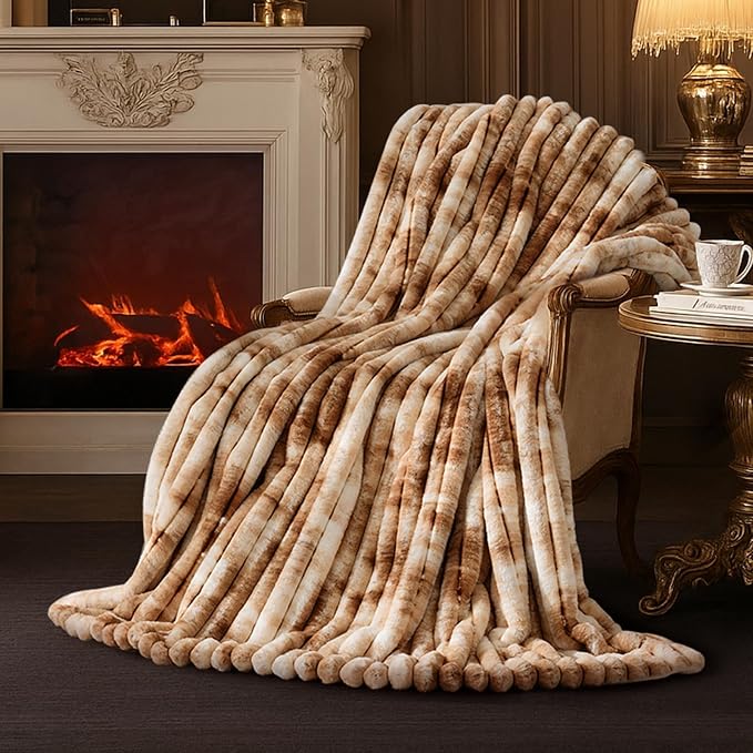 Faux Fur Throw Blanket for Couch, Cozy Fuzzy Fluffy Fur Luxurious Soft Striped Plush Gift Blankets for Family Sofa Chair Bedroom, 55"x70", Tie-dye Khaki