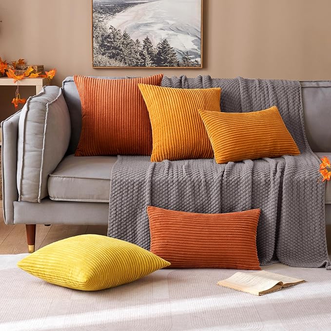 MIULEE Fall Soft Corduroy Throw Pillow Covers Set of 2 16x16 Burnt Orange | Decorative Striped Textured Cushion Cases, Boho Rustic Square Pillowcases, Home Decor for Couch Chair Sofa Bed Living Room
