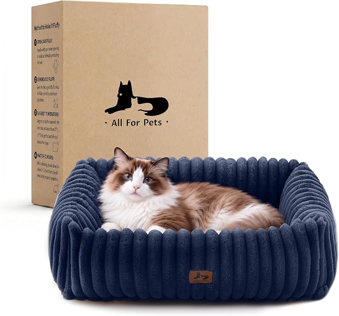 Cute Dog Bed for Small Dogs & Cats,Washable Fluffy Cat Beds for Indoor Cats, Rectangle Orthopedic Memory Foam Puppy Beds with Anti-Slip Bottom, 20 x19 x 7 Inches, Navy
