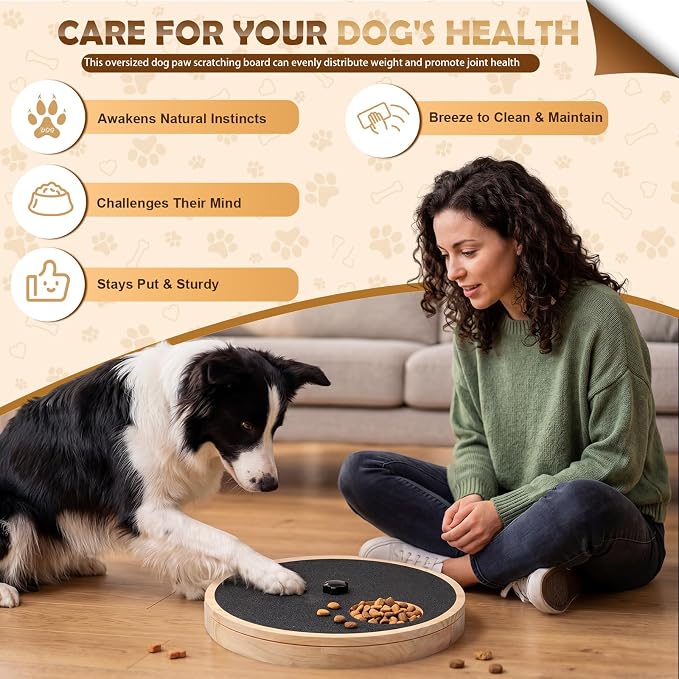 Mifoci Adjustable Dog Nail Scratch Board with Treat Box Upgraded & Extra Large Wooden Nail Filing Board Round Scratch Pad with Snack Treat Dispenser Slow Feeder for Different Dog Breeds Paw Care