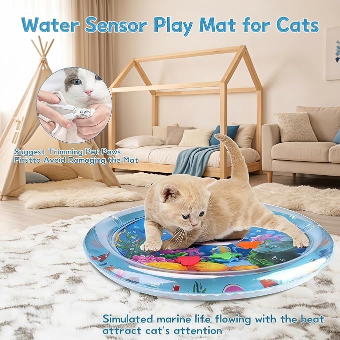 2 Pieces Upgraded Thickened Cat Water Mat,Water Sensory Play Mat with Fish | Interactive Cat Toy for Cats to Exercise,Hunting,Swatting,Aqua Anti-Scratch Leak Proof Foldable Play Mat with Fish for Pet