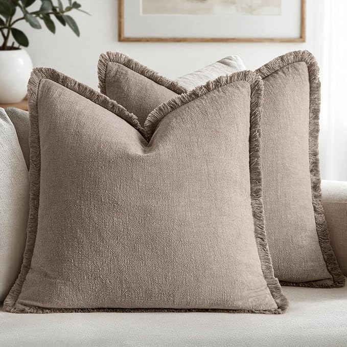 MIULEE Boho Linen Fringe Decorative Fall Throw Pillow Covers Dune 20x20 | Set of 2, Cottagecore Decor, Boho Farmhouse Neutral Pillow Covers, Rustic Fall Couch Cushion Cases for Sofa Bed Living Room
