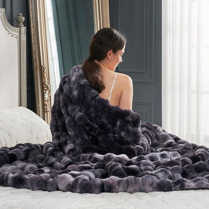 Cozy Bliss Faux Fur Throw Blanket for Couch, Fuzzy Soft Plush Thick Bubble Blanket for Sofa Bedroom Living Room, 60 * 80 Inches Tie Dye Black