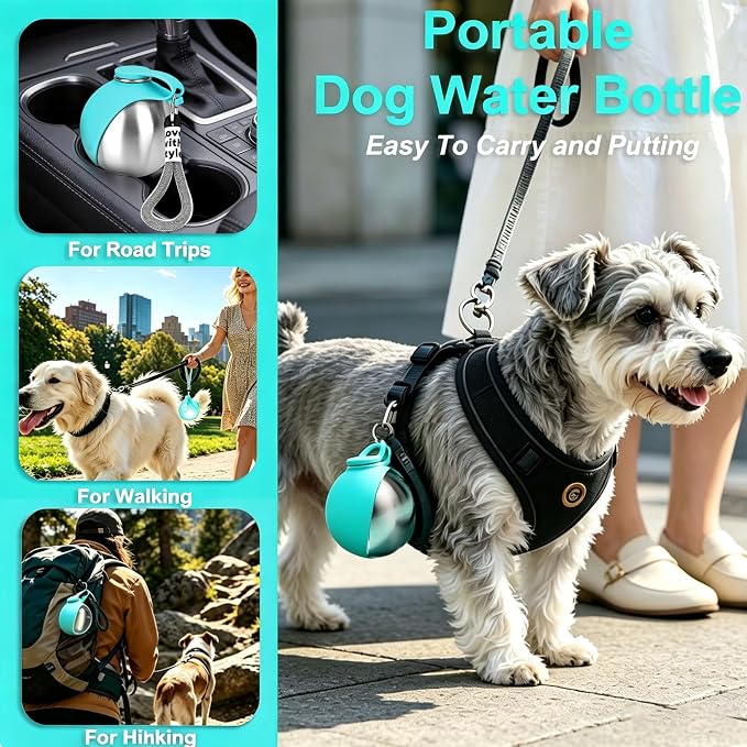 Dog Water Bottle Portable, 2in1 Round Dog Water Bowl Stainless Steel 10oz