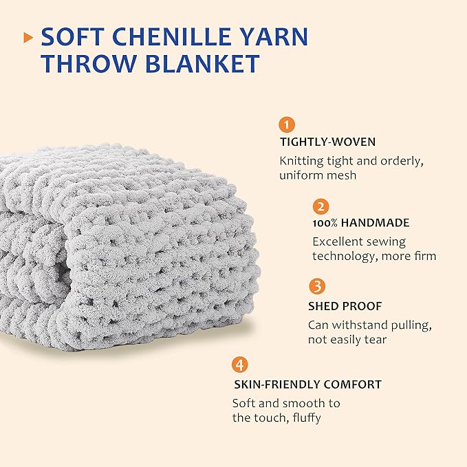L'AGRATY Chunky Knit Throw Blanket for Couch, 80'' x 90'' Knit Throw, Grey | Handmade Chenille Crochet Blanket for Sofa Bed, Thick Cable Knitted Blankets for Room Home Decor, Birthday Gift for Women Mom