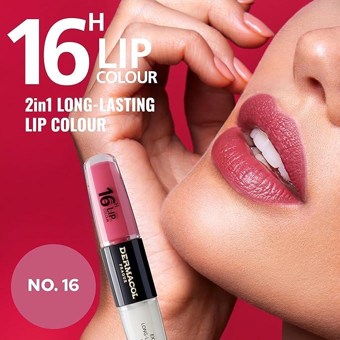 Dermacol NEW 16-Hour Lip Colour, Highly Pigmented Glossy Lip Stain, Two-Phase Lip Plumper Gloss, Kissproof Lip Makeup Products with Matte and Glitter Finish, n.16