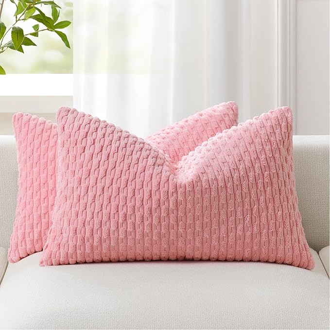 Kevin Textile Soft Corduroy 14"x24" Lumbar Pillow Cover 1 Pack, Pink | Boho Stripe Plush Corduroy Decorative Oblong Cushion Cover Modern Farmhouse Home Decor for Sofa Couch Bed Chair
