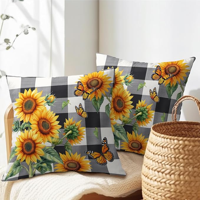 Sunflower Pillow Covers 18X18 Inch Set of 2 Black White Buffalo Plaid Flower Decorative Pillow Cases Spring Summer Floral Cushion Case Farmhouse Modern Home Decor for Sofa Couch Bedroom