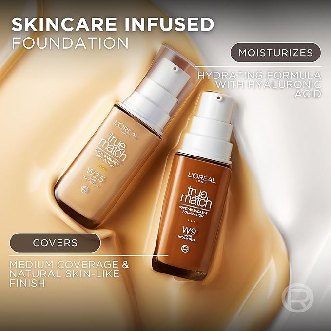 L'Oreal Paris True Match Super-Blendable Foundation, Medium Coverage Liquid Foundation Makeup, W5, Medium, 1 Fl Oz