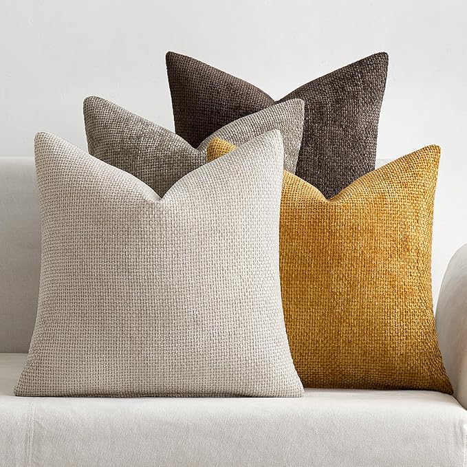 MIULEE Decorative Chenille Fall Pillow Covers Gold Brown 20x20 Pack of 4 | Rustic Home Decor, Earth Tones Set, Couch Throw Pillows, Farmhouse Boho Cushion Covers for Sofa Bed Living Room