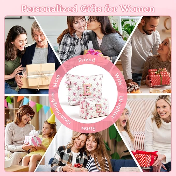 Initial Makeup Bag, Valentines Day Gifts for Women Teens Girls Birthday Gift Personalized Bow Cosmetic Bag, Quilted Cosmetic Travel Toiletry Pouch, Cute Makeup Organizer Teen Girl Gifts Trendy Stuff K