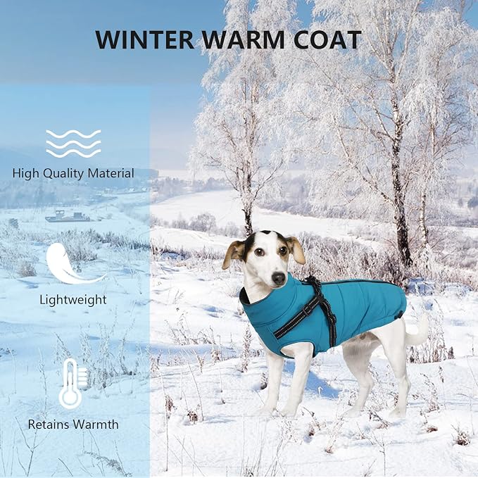 Geyecete Waterproof Dog Jacket with Harness, Traction Belt - Pet Outdoor Jacket for Small, Medium Dogs - Blue