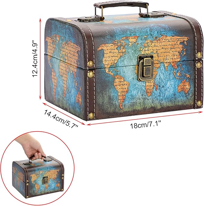 ELLDOO Decorative Treasure Chest Box, Wooden + PU Leather Storage Box for Jewelry Trinkets, Keepsakes box for Girls Women Gifts (Green Map Pattern)