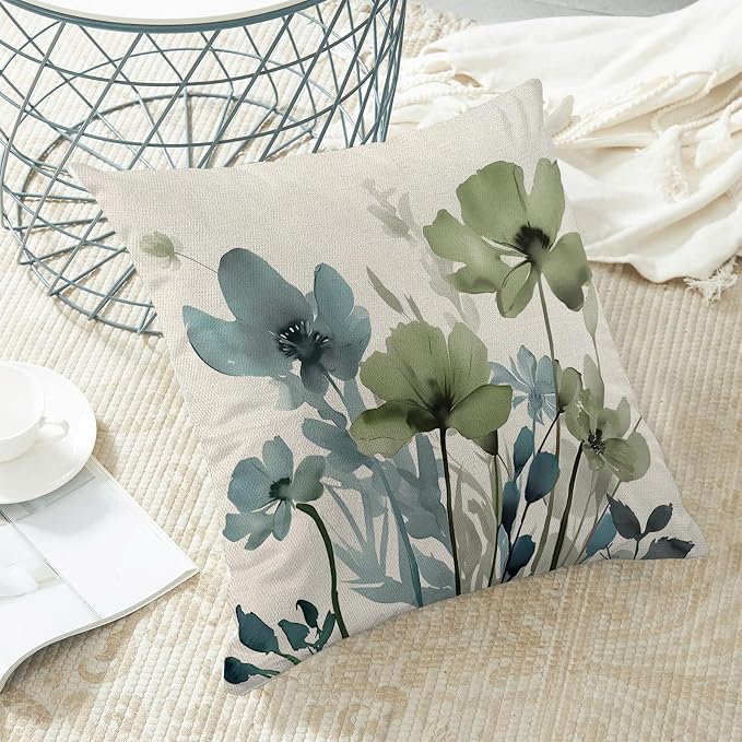 Floral Pillow Covers 20x20 Inches Set of 2 Sage Green Blue Floral Throw Pillow Covers Outdoor Rustic Spring Summer Flower Decoration Pillowcase Farmhouse Decorative Cushion Cover For Home Sofa