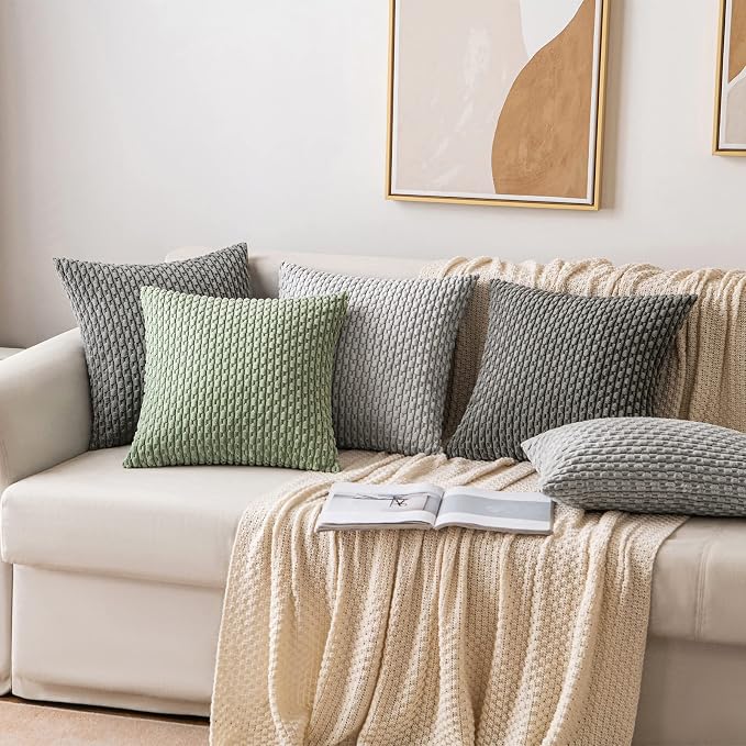 MIULEE Decorative Throw Pillow Covers 18x18 Dark Grey Textured Corduroy | Pack of 2 Striped Pillow Covers Modern Farmhouse Home Decor for Couch Bed Sofa Living Room