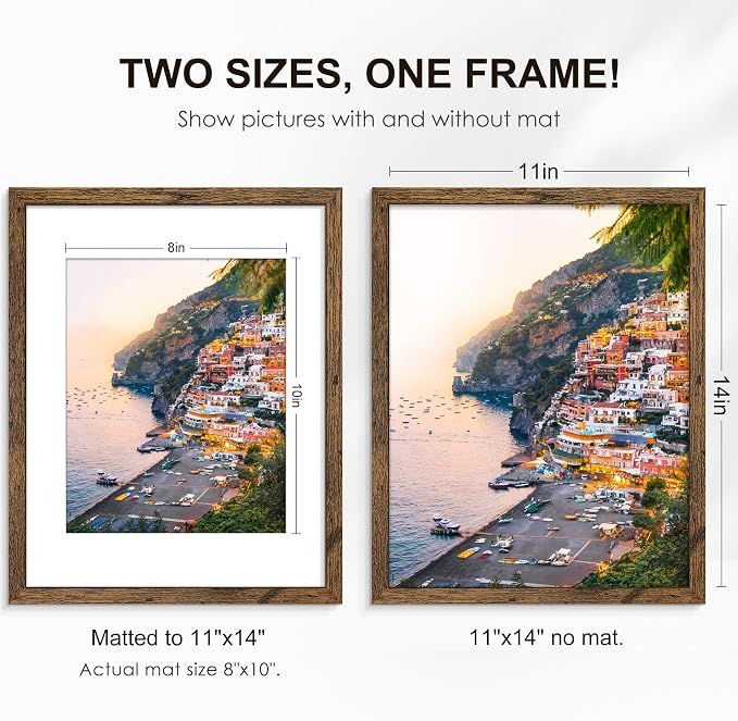 11x14 Picture Frame Set of 6, Wall or Tabletop Display, Rustic Brown | Display Pictures 8x10 with Mat or 11x14 without Mat,Horizontal or Vertical,Gallery Wall Frame Set,Wedding Birthday Gifts