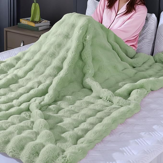 Sage Green Faux Fur Throw Blanket for Couch, Snuggly Double-Sided Bubble Plush Blanket with Soft Flannel Back,Decorative Gift for Sofa or Bed, Machine Washable, 50 x 60, 860 GSM