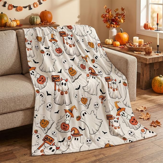 Horaldaily Halloween Beige Ghost Pumpkin Skulls Flannel Throw Blanket 40x50 | All Season Using Ultra Soft Fuzzy Plush Cozy Non-shedding Blanket for Couch Sofa Bed Camping, Ideal Gift for Kids Adults