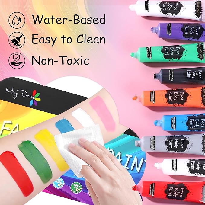 Maydear 24 Colors Liquid Face & Body Paint Kit – Non-Toxic Matte Squeeze-Tube Paints for Kids & Adults, Easy-Wash, Halloween, Cosplay & Stage Makeup