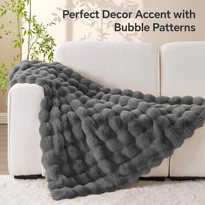BEDELITE Faux Fur Throw Bubble Blanket for Couch, 50" x 60", Dark Grey | 870GSM Soft Cozy Plush Blanket for Sofa & Bed Living Room Decor, Warm Fuzzy Faux Rabbit Fur for Women Gift, All Season Use