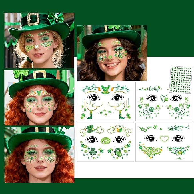 St Patricks Day Temporary Tattoos Green Leaf Blush Face Tattoos Mixed Styles Lucky Clover Shamrock Fake Tattoos Waterproof Freckles Face Tattoo Cute Makeup Stickers with Green Gems for Girls 4 Sheets
